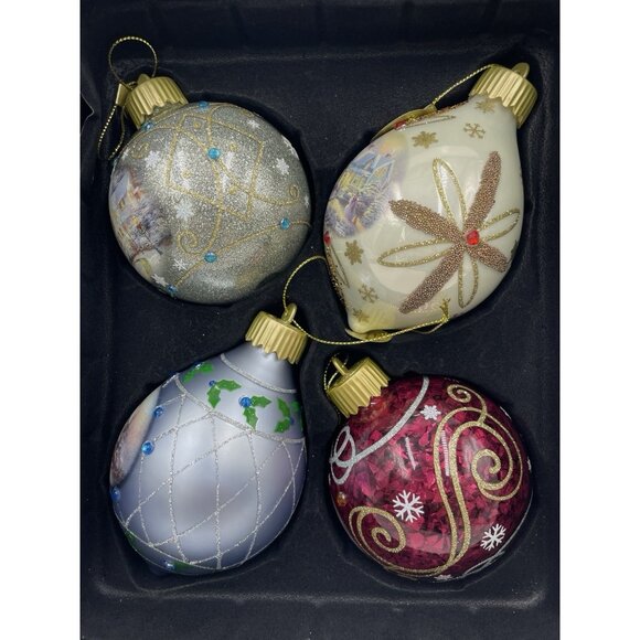 Set of 4 Thomas Kinkade Bradford Glow of the Holiday Glass Christmas Ornaments - Picture 3 of 15